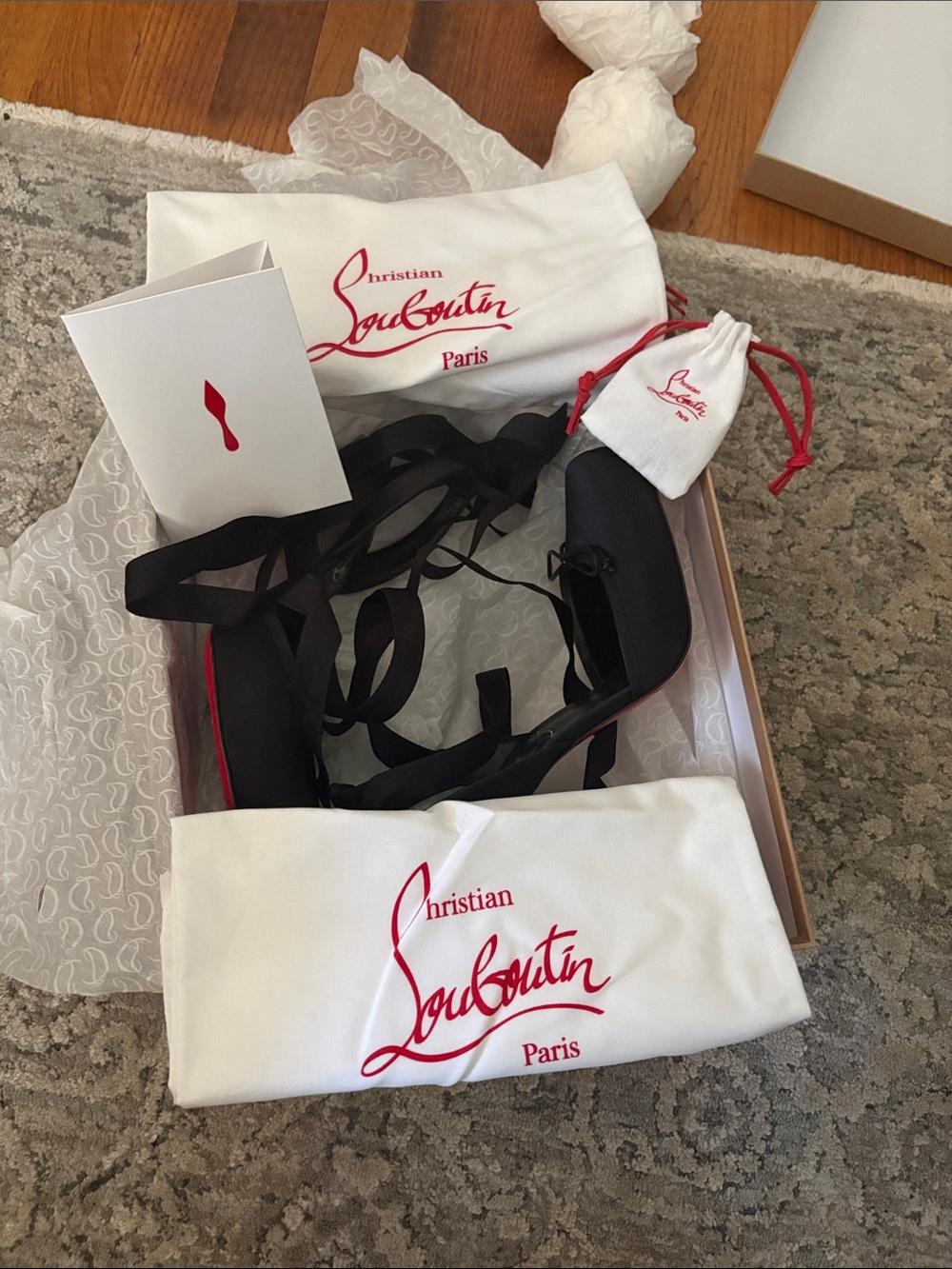 Christian Louboutin Black Satin Square-Toe Ankle-Tie Heels - Picture 3 of 4